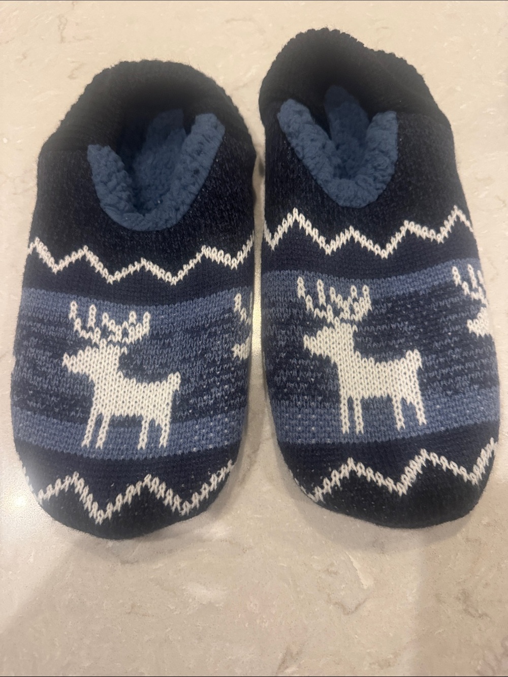 Men's (Size XL) Navy Blue Reindeer fleece Lined Slipper Socks